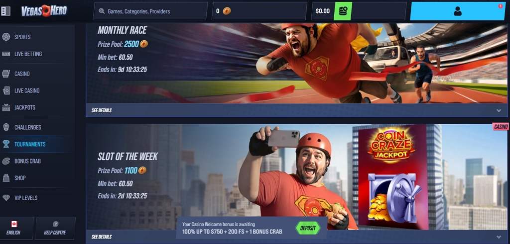 Tournois et support Vegas Hero Casino